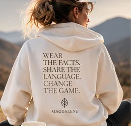 Cream hoodie with “Wear the Facts” back print