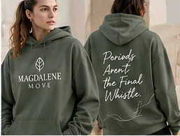 Sage MAGDALENE MOVE hoodie with “Periods aren’t the final whistle” back print
