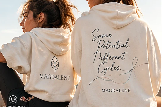 Two cream MAGDALENE hoodies, front and back