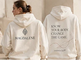 Cream Origins hoodie, front leaf mark and “Know your body” back print
